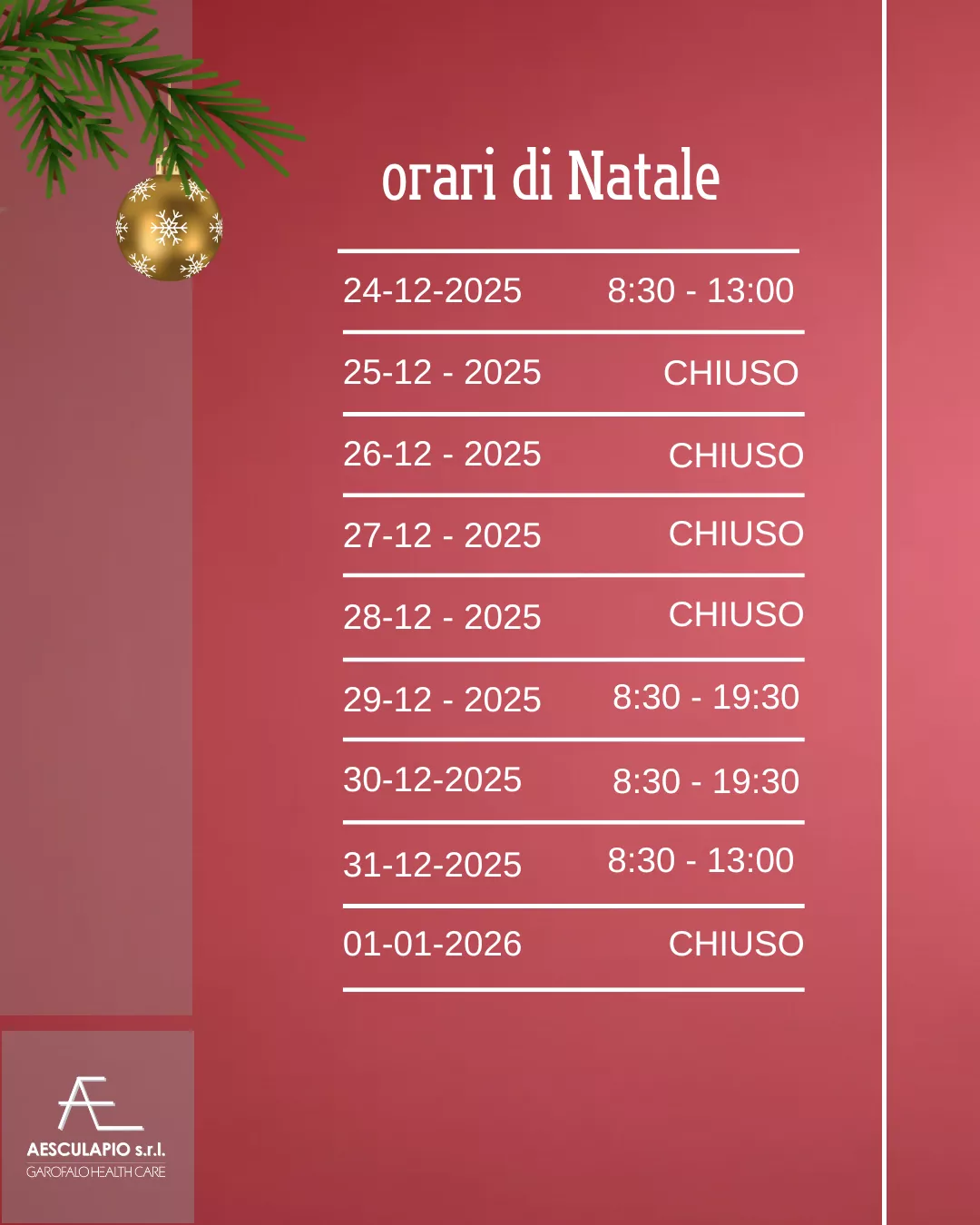Orari di apertura durante le festività natalizie 2025/2026