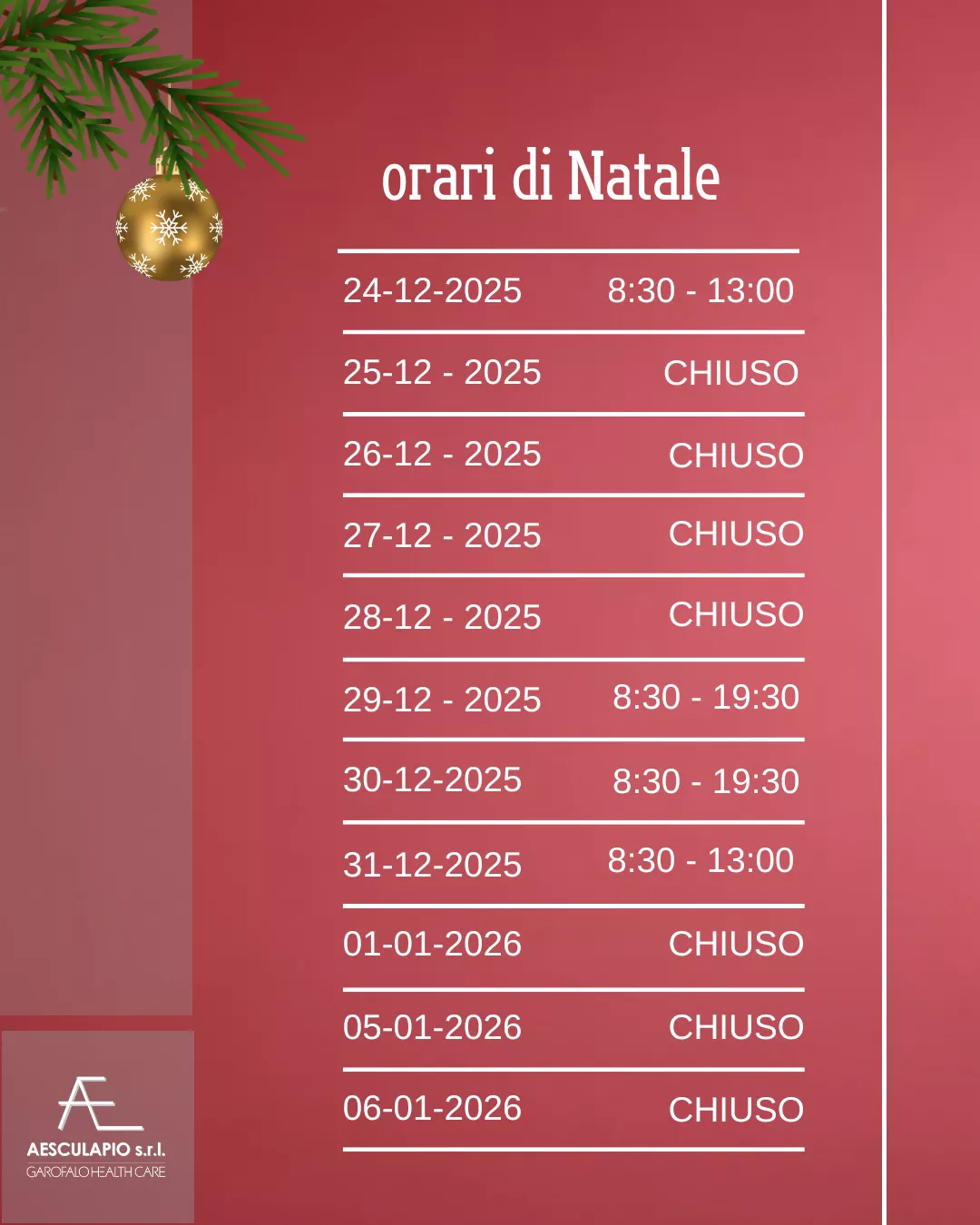 ORARI DI APERTURA DURANTE LE FESTIVITÀ NATALIZIE 2025/2026 